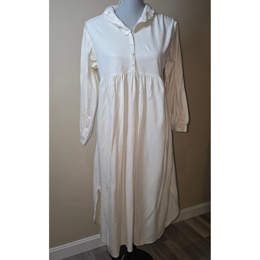 Vtg Cuddl Duds Cottagecore Prairie Nightgown Lace Pearl Collar Long Sleeve cozy